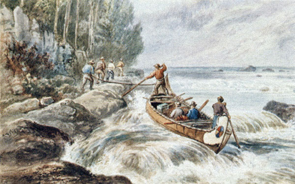 Frances Anne Hopkins’ “Going Up the Rapids” painting depicts what it may have been like for early settlers to have to portage around the rapids of the Fox River. 