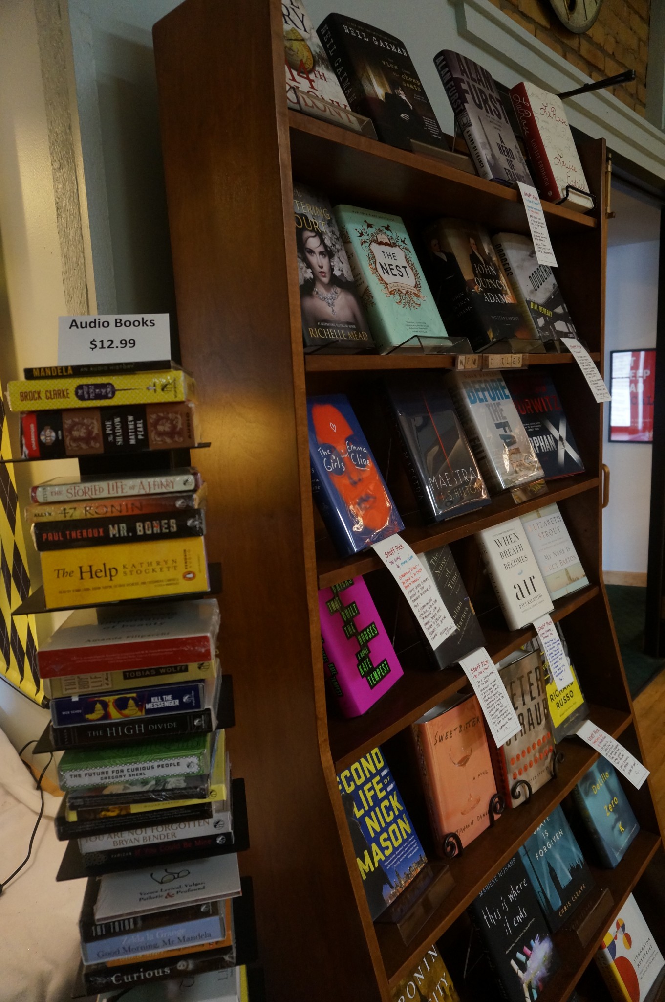 Recommended books are put on display in the bookstore.